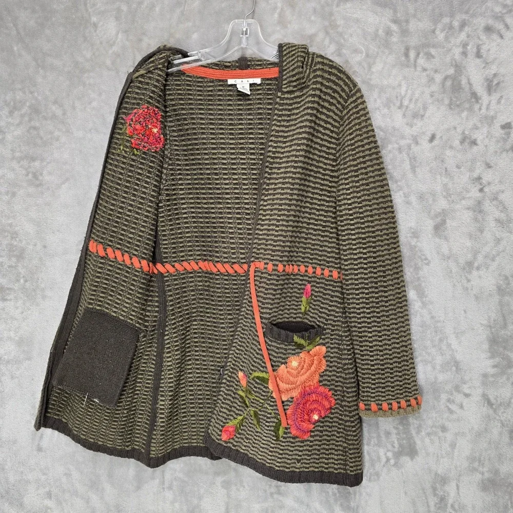 Cabi Longline Hooded Zip Sweater Women M Sage Green Hobo Embroidered Wool Blend